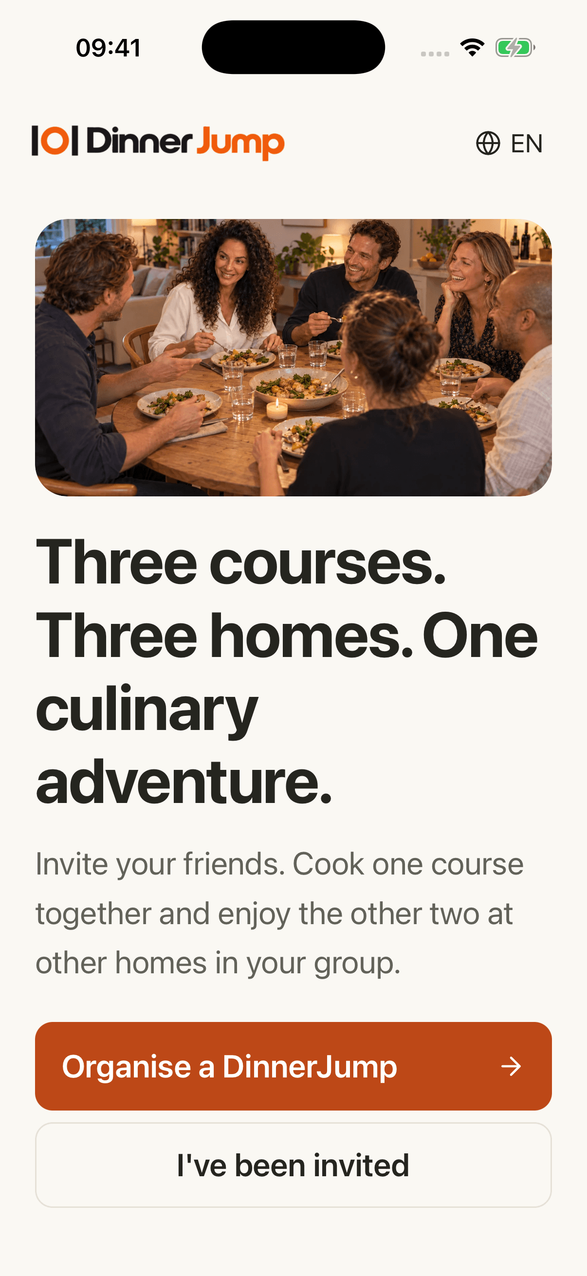 The DinnerJump welcome screen with Organise a DinnerJump and I have been invited