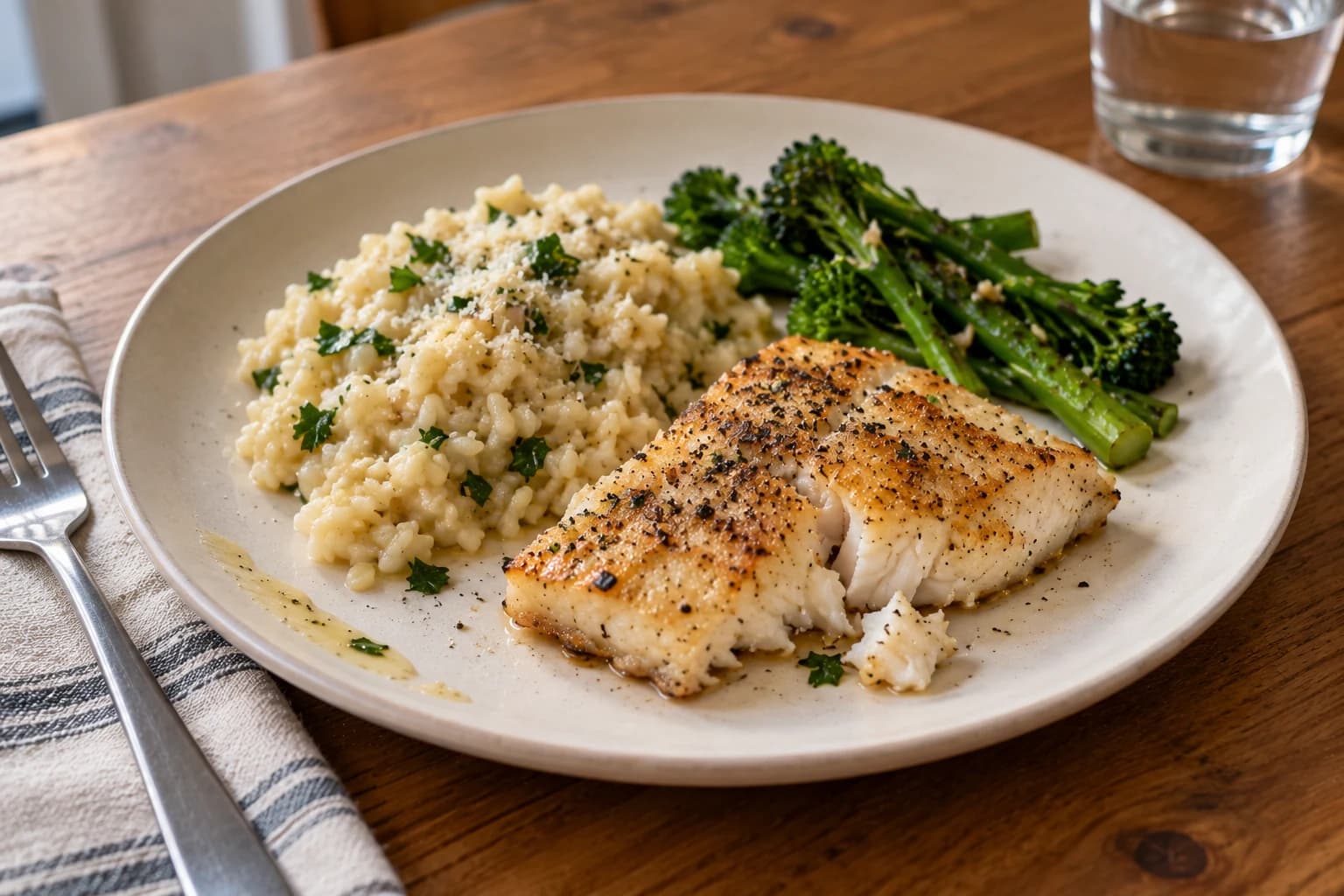 A home-cooked main course with fish, risotto and vegetables