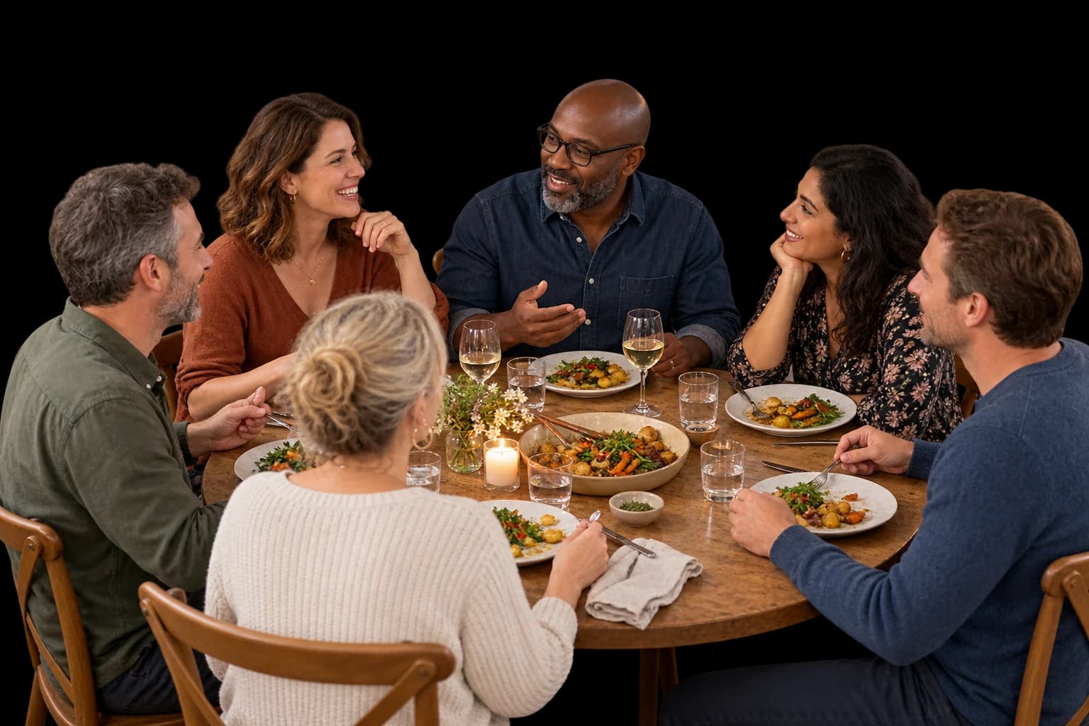 AI-generated atmosphere image of six neighbours sharing dinner around a round table